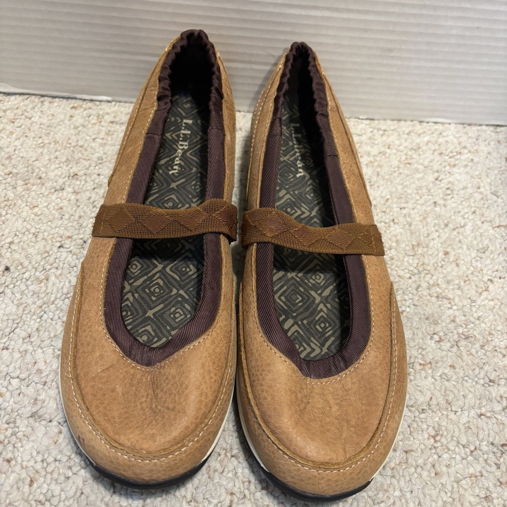 LL Bean Womens Tan Leather Fabric Mary Janes Sport Comfort Shoes Size 9.5